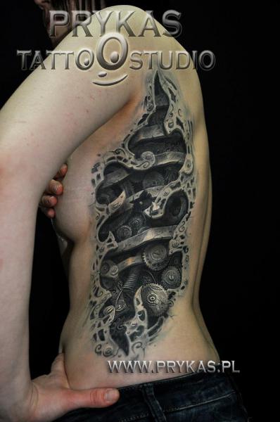 Biomechanical Gear Side Tattoo by Prykas Tattoo