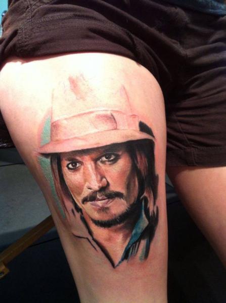 Portrait Realistic Thigh Johnny Depp Tattoo by Restless Soul Tattoo