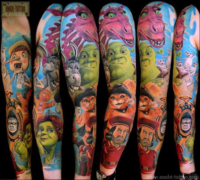 Tatuaggio Fantasy Personaggi Manica Shrek di Anabi Tattoo