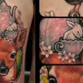 tatuaggio Coniglio Uccello Medaglione Coscia Cervo di Anabi Tattoo