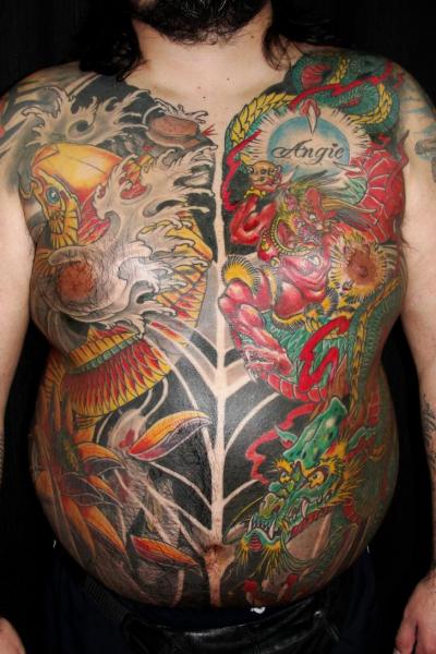 Brust Seite Japanische Karpfen Drachen Bauch Tattoo von Javier Tattoo