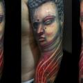 tatuaje Hombro Realista Buda por Javier Tattoo