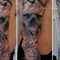 Realistic Clock Skull Airplane Sleeve tattoo by Evil Twins Tattoo