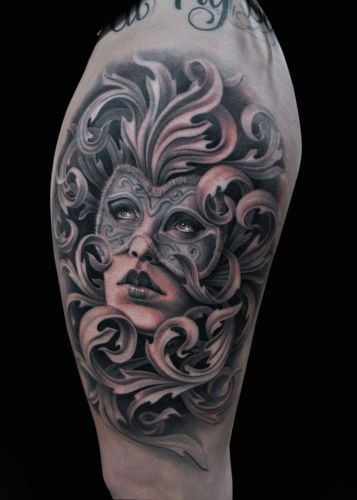 Tatuaggio Maschera Coscia 3d di Josh Duffy Tattoo