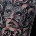 Masken Oberschenkel 3d tattoo von Josh Duffy Tattoo