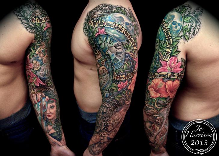 Tatuaż Zegar Kobieta Ptak Rękaw przez Jo Harrison