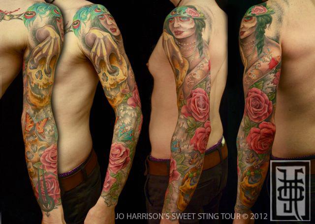 Flower Skull Women Sleeve Tattoo by Jo Harrison