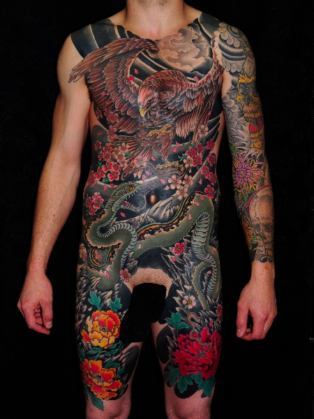 Snake Flower Japanese Eagle Body Tattoo by Skull and Sword