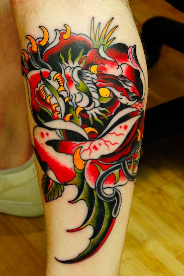 Calf Old School Dragon Tattoo by Skull and Sword