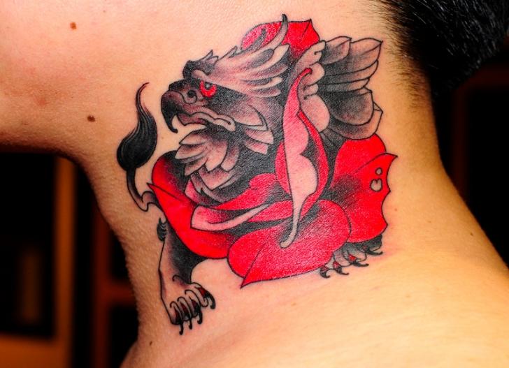 Fantasy Flower Neck Lion Tattoo by Skull and Sword