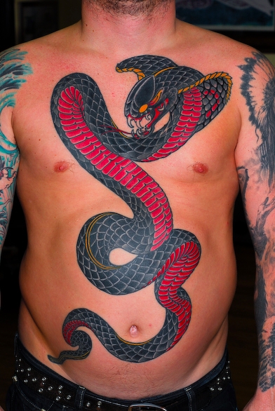 Snake Chest Old School Belly Tattoo by Skull and Sword