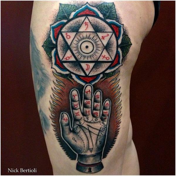 Tatuagem Fantasia Mão Símbolo Coxa por Nick Bertioli