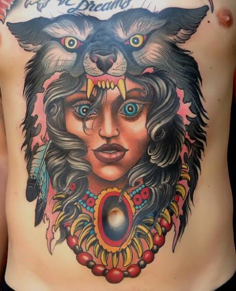 Tatuaje New School Mujer Lobo Vientre por Peter Lagergren