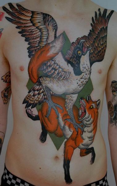 Chest Eagle Belly Fox Tattoo by Peter Lagergren