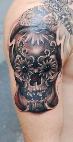 Shoulder Flower Skull Moth Tattoo by Nadelwerk