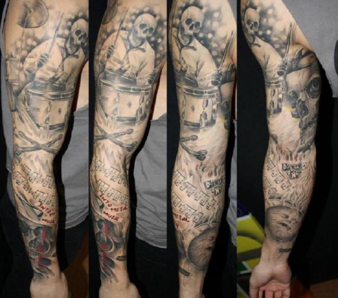 Skeleton Sleeve Drum Tattoo by Nadelwerk
