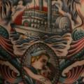 tatuaje Old School Espalda Nave Sirena por Admiraal Tattoo