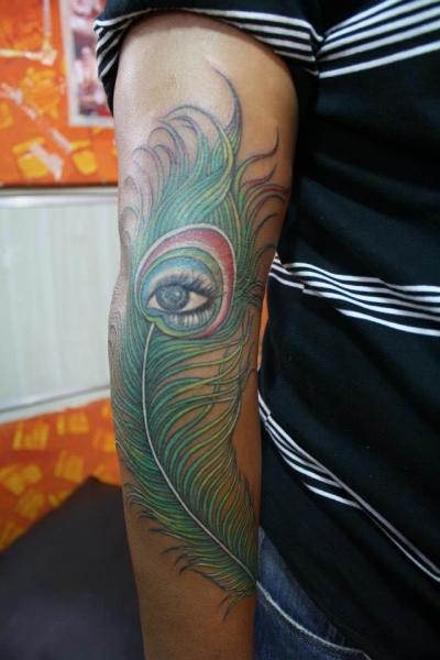 Arm Realistic Feather Tattoo by Bird Tattoo