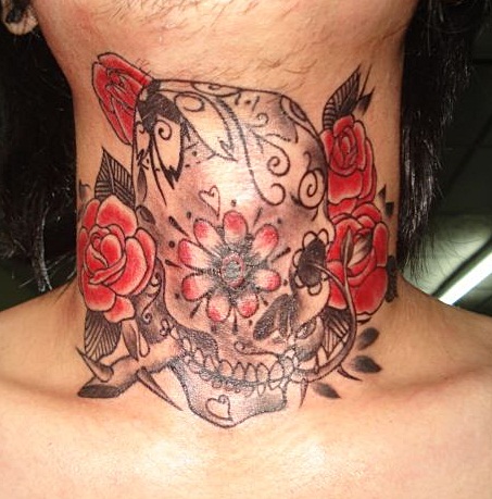 Skull Neck Tattoo by Bird Tattoo