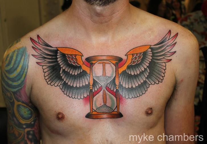 Chest Old School Clepsydra Wings Tattoo by Mike Chambers