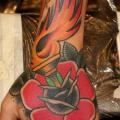 Old School Flower Hand Flame tattoo by Mike Chambers