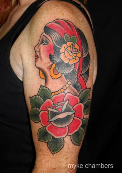 Shoulder Old School Gypsy Tattoo by Mike Chambers