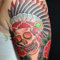 Shoulder Old School Skull Indian tattoo by Mike Chambers