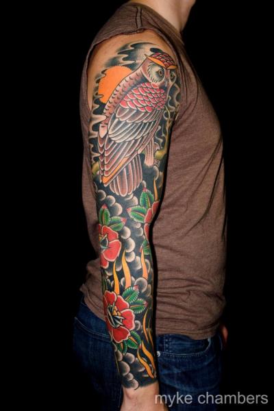 Old School Owl Sleeve Tattoo by Mike Chambers