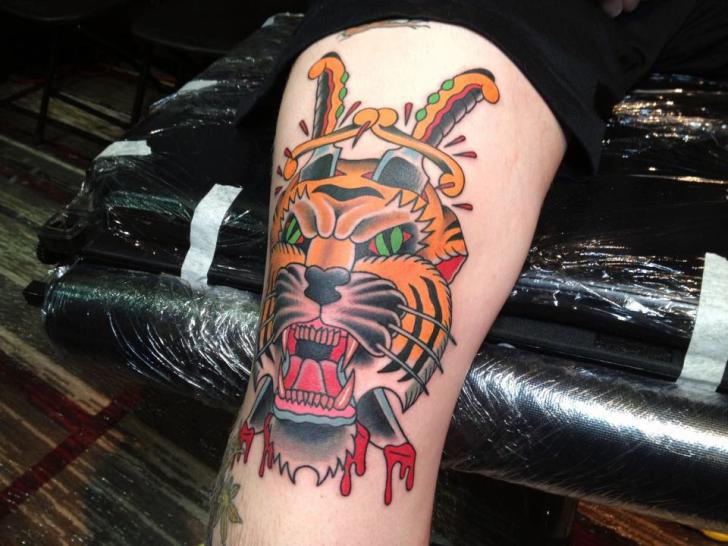 Old School Tiger Dagger Thigh Tattoo by Mike Chambers