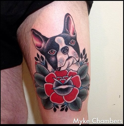 Old School Dog Thigh Tattoo by Mike Chambers