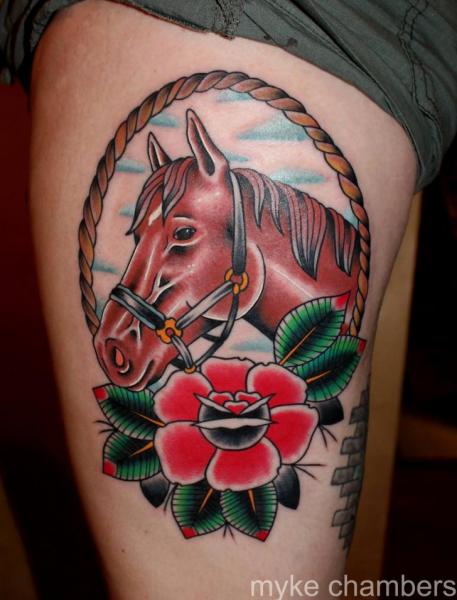 Old School Horse Thigh Tattoo by Mike Chambers