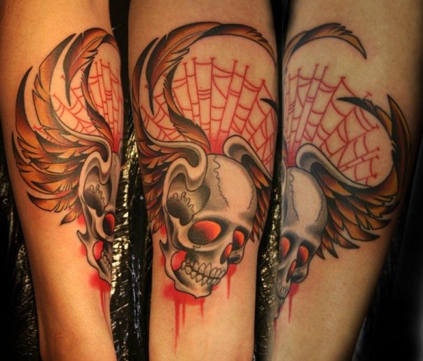Arm Old School Skull Wings Web Tattoo by Babakhin