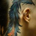 Realistic Feather Head Neck tattoo by Love Life Tattoo