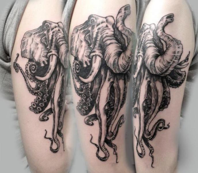Arm Elephant Dotwork Octopus Tattoo by Style Tattoo