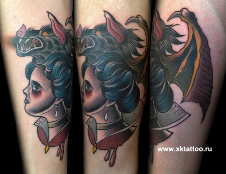 Arm Old School Women Bat Tattoo by XK Tattoo