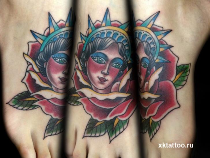 Old School Foot Flower Women Tattoo by XK Tattoo