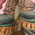 Old School Lettering Whale Thigh Bottle tattoo by West End Studio