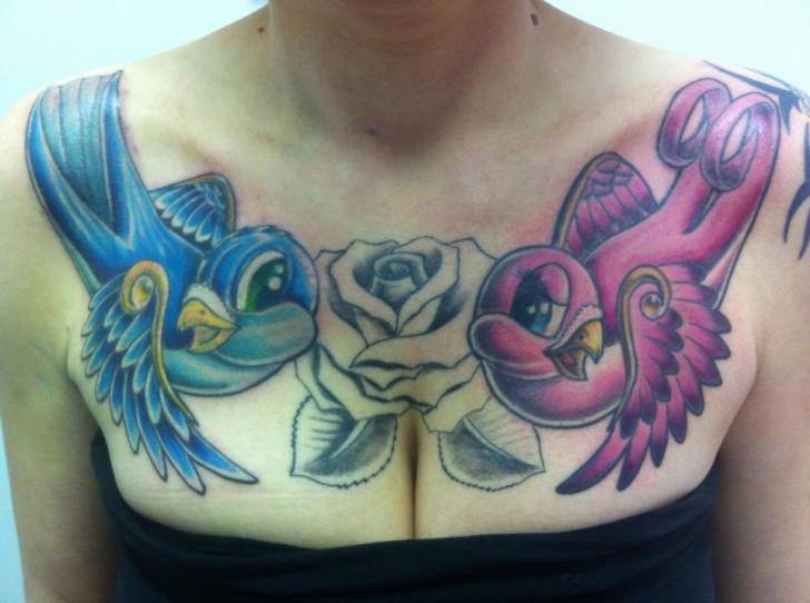 New School Breast Sparrow Tattoo by Body Corner
