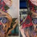 New School Flower Skull Neck tattoo by Third Eye Tattoo