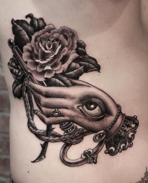 Flower Side Hand Eye Dotwork Tattoo by Saved Tattoo