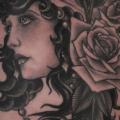 Old School Flower Gypsy Thigh tattoo by Saved Tattoo