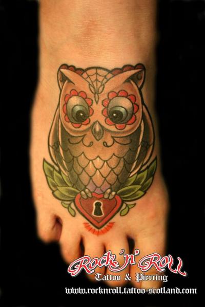 Old School Foot Owl Tattoo by Rock n Roll Tattoo