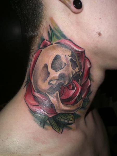 Flower Skull Neck Tattoo by Rock n Roll Tattoo
