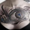 tatuaje Fantasy Reloj Pluma Mano Ojo Pecho por Rob Richardson