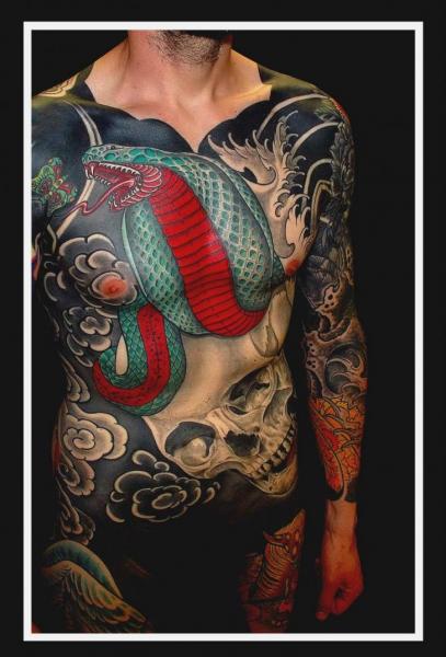 Snake Japanese Skull Body Tattoo by Colin Jones
