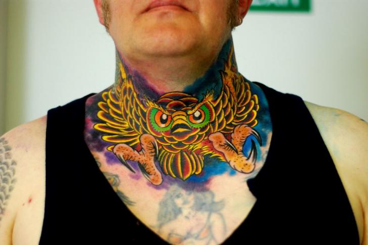 New School Neck Owl Tattoo by Colin Jones