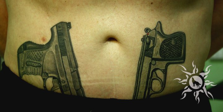 Gun Belly Tattoo by Ramas Tattoo