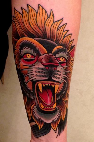 Arm Old School Lion Tattoo by Montalvo Tattoos