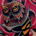 Shoulder Old School Flower Owl tattoo by Montalvo Tattoos
