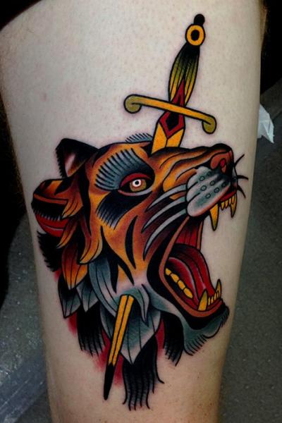 Old School Tiger Dagger Thigh Tattoo by Montalvo Tattoos